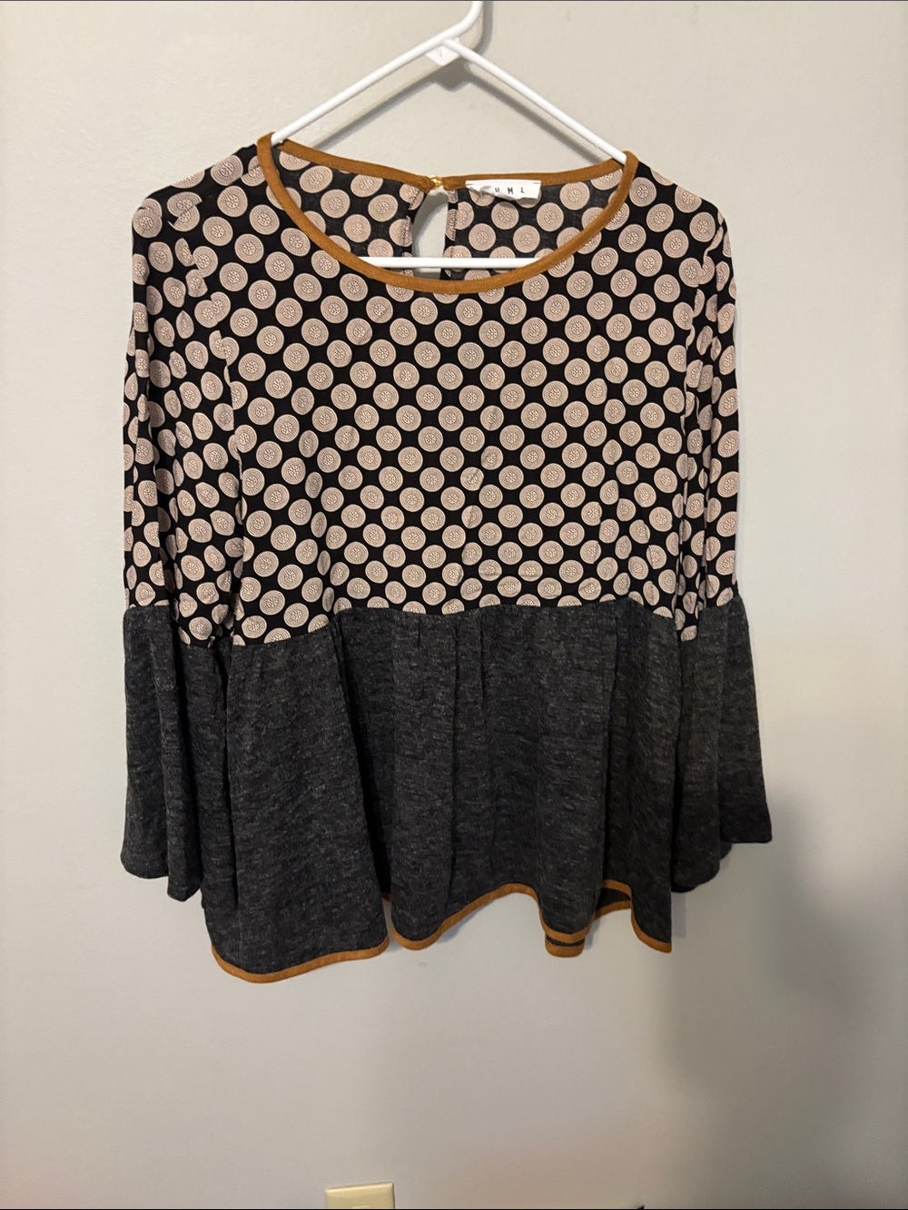 THML Polka Dot Contrast Bell-Sleeve Top - Black & Cream
